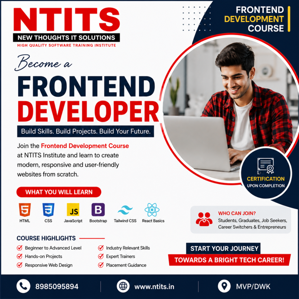 NTITS Frontend Development Course with HTML, CSS, JavaScript, React, projects and certification in MVP/DWK.