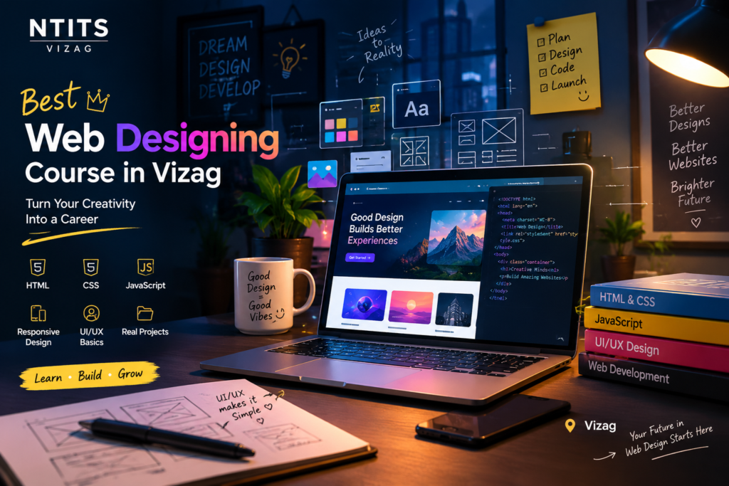 **Alt Text:** “Best web designing course in Vizag by NTITS, featuring a laptop with web design projects, HTML, CSS, JavaScript, UI/UX, and responsive design concepts.”